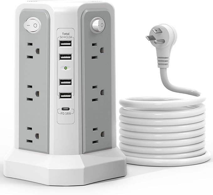 Surge Protector Power Strip Tower (13A 1625W) with 5 USB Ports (1 PD 20W), Extension Cord 10FT with 12 Multiple Outlets, Overload Protection Charging Tower for Home Office Dorm Room Essentials