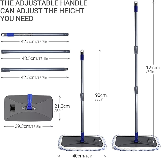 Masthome Extra Large Microfiber Mop for Floor Cleaning, 16“ Flat Mop with 5 Pad for Wet & Dry Use, Dust Mop for Hardwood Laminate Tile Ceramic, 1 Cleaning Scraper Included-Blue