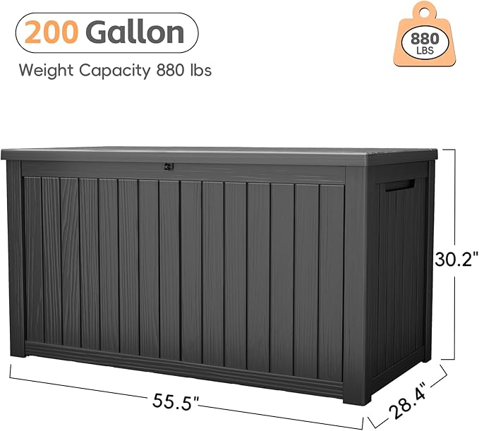 Outdoor Storage Box, 200 Gallon Waterproof Resin Deck Box, Storage Bin for Package Delivery, Patio Furniture Cushion, Garden Tools, Pool Accessories, Weatherproof and UV Resistant, Black
