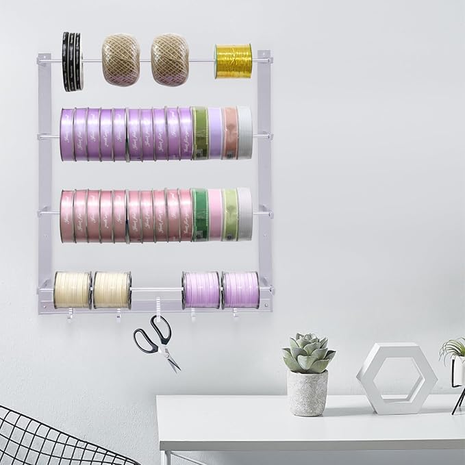 MOCHAG Craft Ribbon Holder Organizer Storage Rack, 4 Tier Wall Mount Retail Display Scarf &Tie Rack with 5 Hooks, Wire Spool Rack Ribbons Roll Storage Sewing Tool Rack for Home Clothing Retail Store