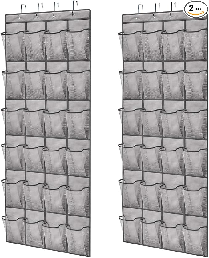 GORILLA GRIP Over the Door Shoe Organizer, 2 Pack, 24 Breathable Mesh Pockets, Space Saving Hanging Storage Holder, Closet Rack Hanger Holds Up to 40 lbs, Hangs on Closets, Shoes, Accessories, Grey