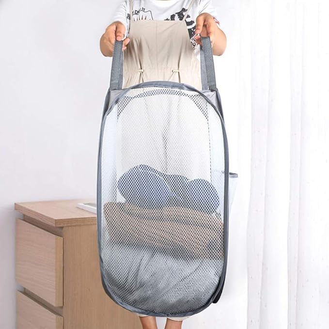 Larpur 2 Pcs Popup Mesh Laundry Baskets, Collapsible and Portable Clothes Washing Laundry Hampers with Reinforced Carry Handles, Gray Clothes Hamper for Home, Travel, College Dorm