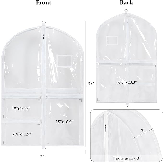 Univivi Clear PVC Dance Costume Bags, 35 Inch Garment Bag for Dance Competitions, with 3 Seperated Medium Clear Zipper Pockets and 1 Large Back Zippered Pocket (White, 2 Pack)