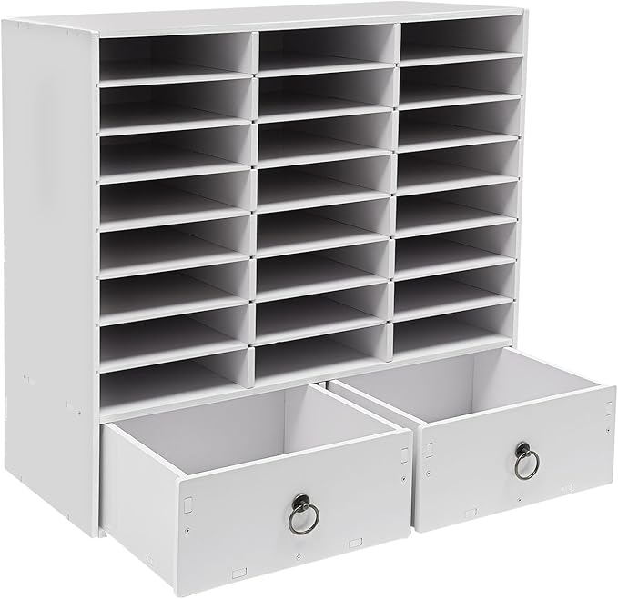 Literature Organizer, 24-Compartment Paper Organizer with 2 Drawers, Storage Cabinet, Mail Sorter for Office Classroom Home, Adjustable Shelves & Lockable Design (White)