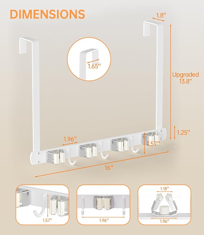 Broom Holder Over The Door - 304 Stainless Steel Mop and Broom Holder Wall Mounted or Hanging Over The Door with Hooks - Broom Hanger - white, Broom Storage Tool Organizer for Closet Laundry