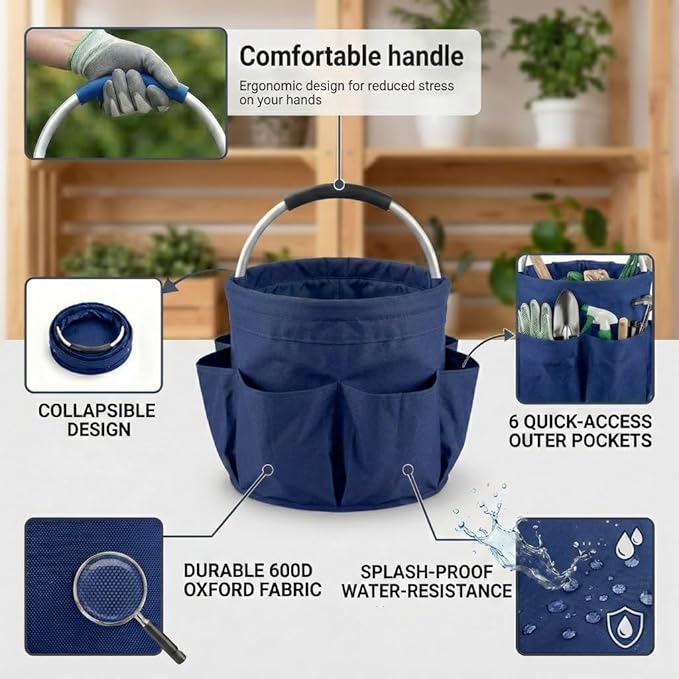 Multifunctional 17L Cleaning Caddy,Foldable 600D Organizer Bag with EVA Grip and 6 Pockets,Portable Storage Tote for Housekeeping,Car Detailing,Garden,Bathroom and Dorm (blue)