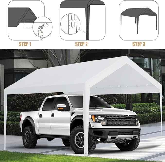 Carport Replacement Canopy, Replacement Top Cover for 12' x 20' Carport Frame, 180G PE Fabric Waterproof & UV Protected Tarp with Ball Bungees, White (Only Top Cover, Frame is not Included)
