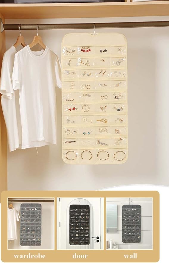 Hanging Jewelry Organizer, 80 Pockets Earring Holder Organizer, Bracelet Organizer with Pockets for Hanging Earrings, Necklaces,Rings, Storage, Closet(beige)