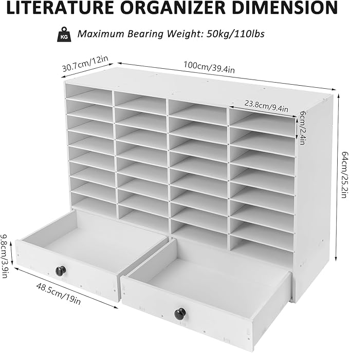 LOYALHEARTDY Literature Organizer,32 Compartment Office Mailbox with 2 Drawers,Paper and Mail Organizer,Paper Storage Cabinet Mail Organizer,39.4 X 12 X 25.2''Desktop File Sorter for Home&Office,White