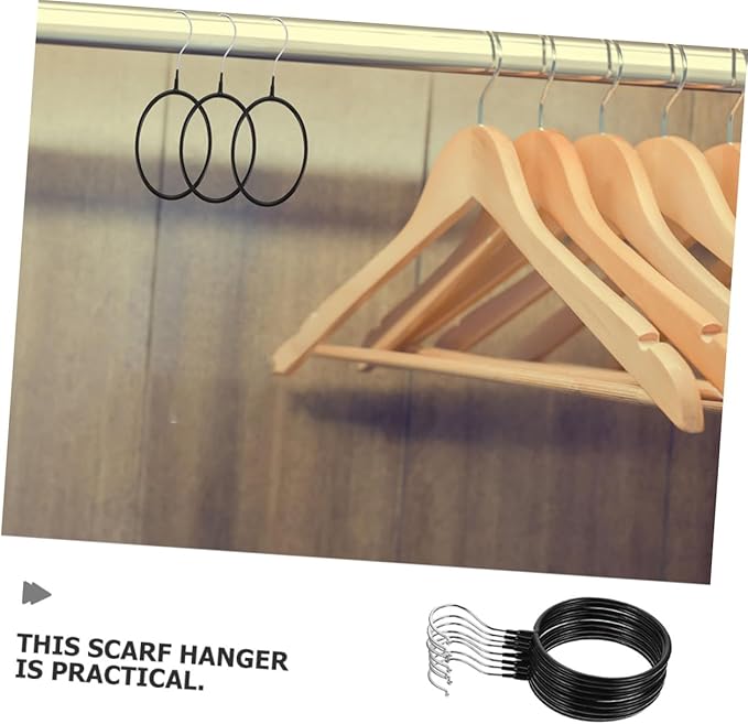 PRETYZOOM 10pcs Multi-Functional Scarf Hangers and Necktie Organizer Rack, Large Black Plastic-Coated Iron Scarf Rings for Closet Storage and Belt Holder, Space-Saving Accessory Organizer