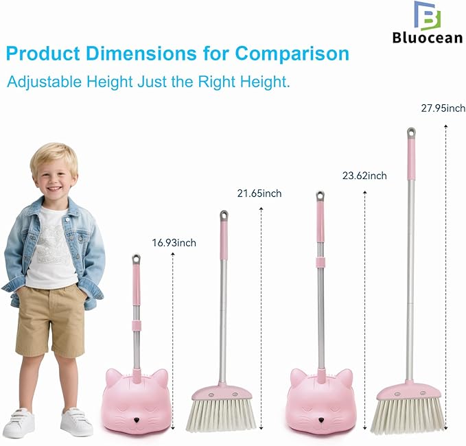 28'' Kids Mini Broom and Dustpan Set - Toddler Cleaning Toy, Toddler Household Helper, Parent-Child Interactive Play Cleaning Tool, Cute Cartoon Design, Small Safe Corner Broom (Pink Puff)