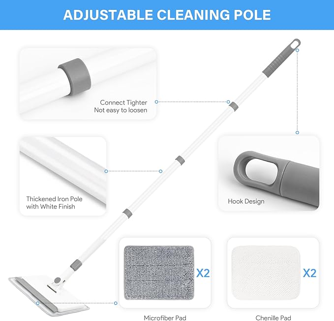 Baseboard Cleaner Tool with Handle, DELUX Baseboard Cleaner with Extendable Long Handle, 4 Reusable Cleaning Pads Wall Cleaner for Baseboards Cleaning, Ceiling, Wall, Floor, Shower Bathroom Kitchen