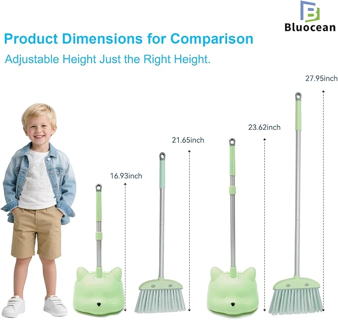 28'' Kids Mini Broom and Dustpan Set - Toddler Cleaning Toy, Toddler Household Helper, Parent-Child Interactive Play Cleaning Tool, Cute Cartoon Design, Small Safe Corner Broom (Green Sprout)