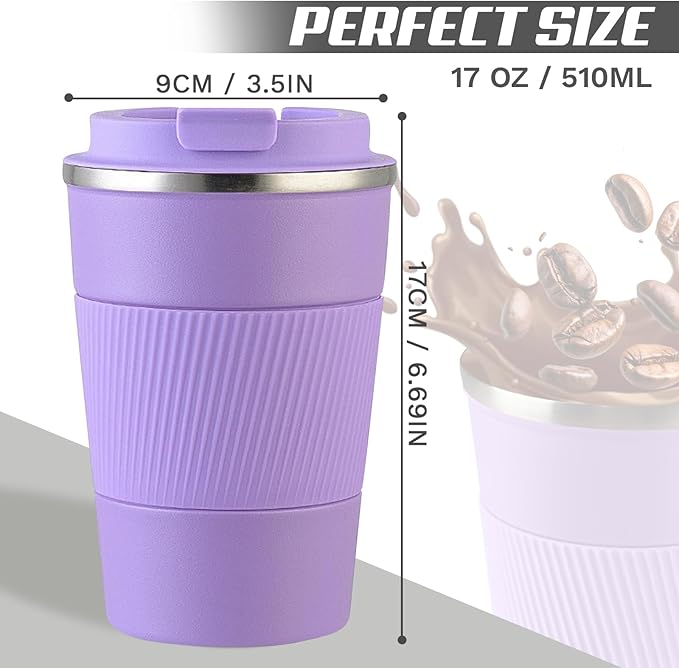 Vacuum-Insulated Stainless Steel Travel Coffee Mug, Leak-Proof Reusable Coffee Cup with Lid - Keep Hot & Cold Drinks for Hours, Durable Insulated Tumbler for Men & Women(3rd-Purple, 17OZ)