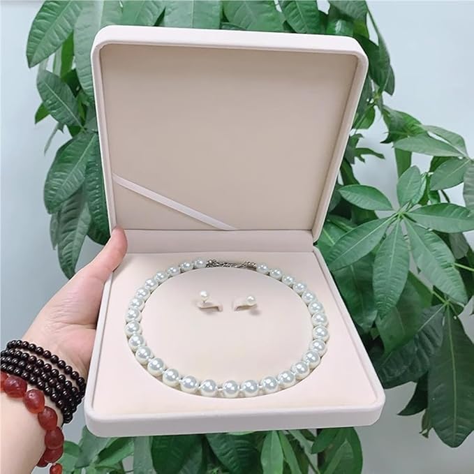 Jewelry Velvet Box Pearl Necklace Earring Bracelet Gift Display Case Wedding Jewelry Storage Holder (Beige For Pearl Necklace Earrings)