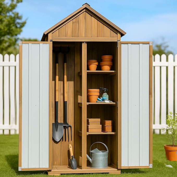 Outdoor Storage Cabinet, Wood & Metal Storage Shed with Weather-Resistant Roof, Adjustable Shelf, Lockable Doors & Adjustable Feet, for Garden, Patio, Backyard, 27.5" x 13" x 67"