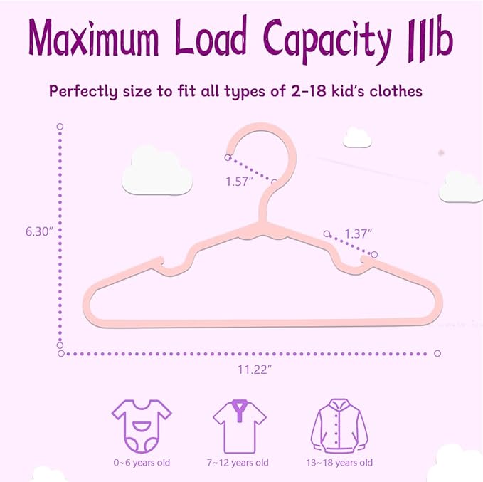 Baby Hangers for Closet 60 Pack Pink Plastic Kids Children's Clothes Hangers Non-Slip (Pink, 60)