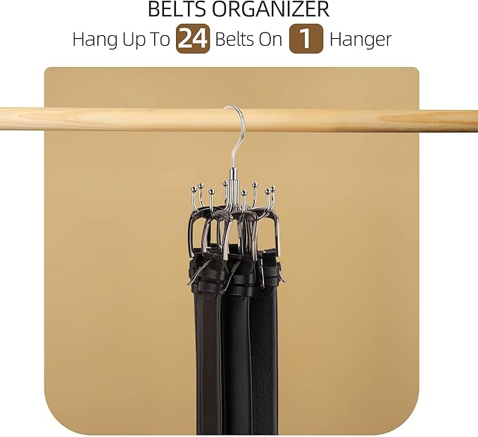 ZEDODIER Belt Hanger, 4 Pack Rotatable Belt Rack Closet Accessories Organizer, Maximum 24 Storage Capacity, Hanging Holder Storage Hook for Belt, Bra, Tank Top, Tie, Scarf, Purse, Silver