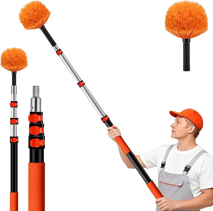 20ft High Reach Cobweb Duster with 12ft Heavy-Duty Extension Pole, Washable & Reusable Spider Web Brush for Indoor & Outdoor Cleaning, Soft Bristle Spider Web Cleaner for High Ceilings & Eaves