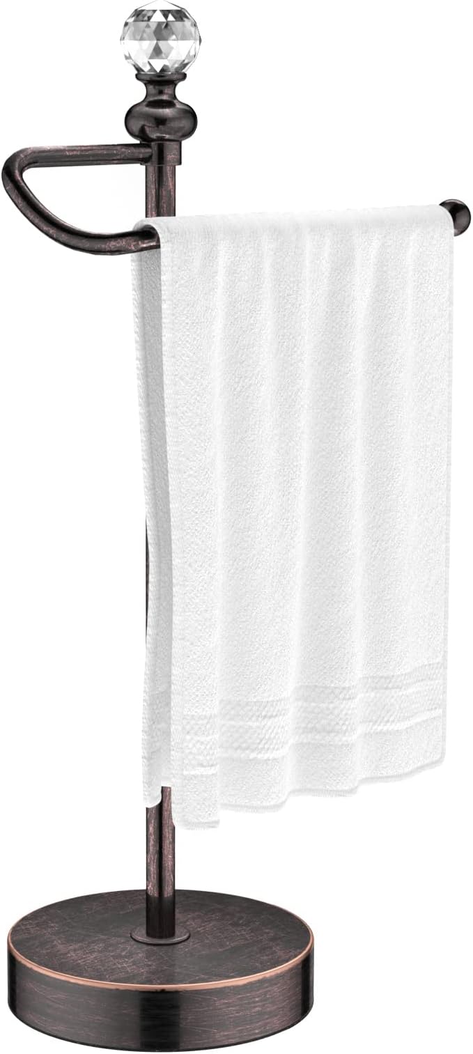 Heavy Weighted Hand Towel Holder(with Crystal Ball) Standing Hand Towel Holder Total Height 15.7'' for Kitchen,Bathroom,Vanity,Classic Decorative Metal Hand Towel Stand,Oil Rubbed Bronze
