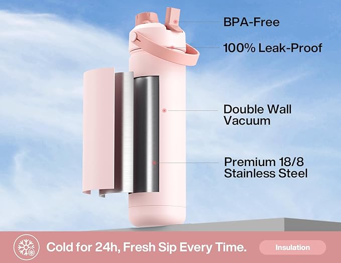 POWCAN 26 oz Insulated Water Bottle with 2-in-1 Straw and Spout Lid, Keep Cold 24H, Leak-Proof, Fits in Car Cup Holder, Stainless Steel Water Bottle for Sports, Travel, Gym and School (Pinkwild Bloom)