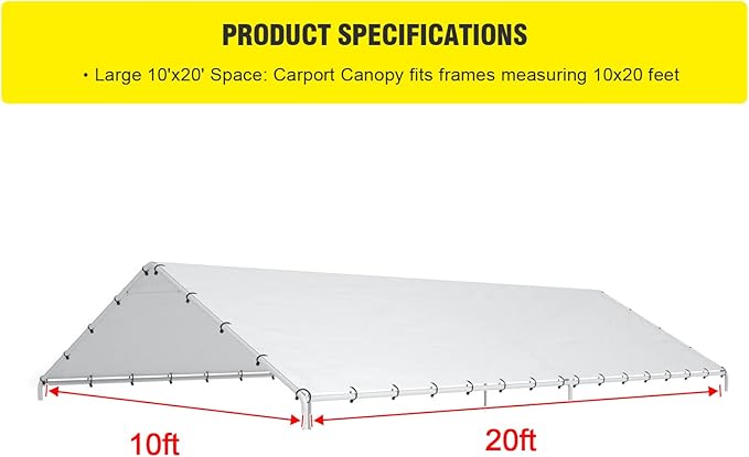 10 x 20 Ft Carport Replacement Canopy Cover Garage Top Tent Shelter Tarp with Free 48 Ball Bungee Cords,White(Only Cover, Frame Not Include)