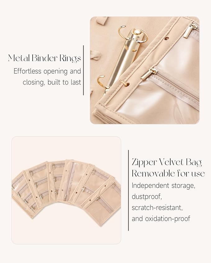 CASEGRACE Travel Jewelry Organizer Case,Portable Jewelry Storage Book Ring Binder with 6 Clear Zipper Velvet Jewelry Pouch for Earrings, Rings, Necklaces Ideal Gift for Women (Amber)