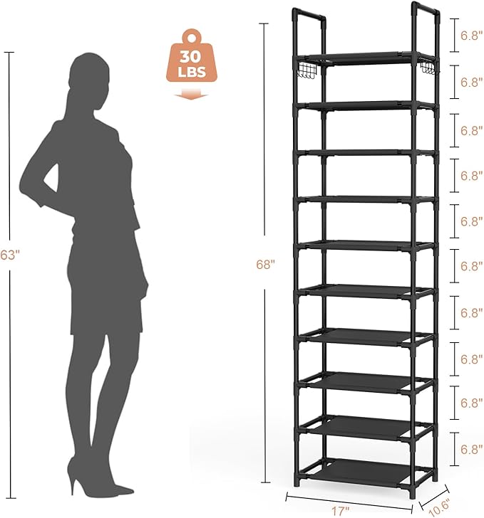 10 Tiers Shoe Rack 25 Pairs Large Capacity Tall Shoe Organizer Sturdy Shoe Storage with Two Hooks Space Saving Metal Narrow Shoe Rack for Closet, Entryway, Bedroom, Black