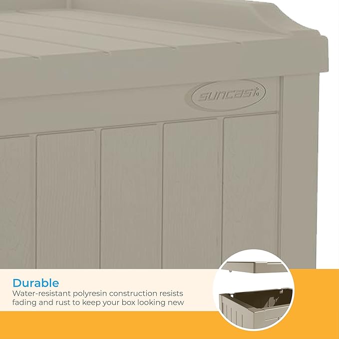 Suncast Outdoor Storage Box - 22 Gallon Light Taupe Resin Outdoor Deck Box with Seat, Weatherproof Patio Storage Bin Container for Keeping Cushions, Tools & Towels for Pool, Yard, & Garden