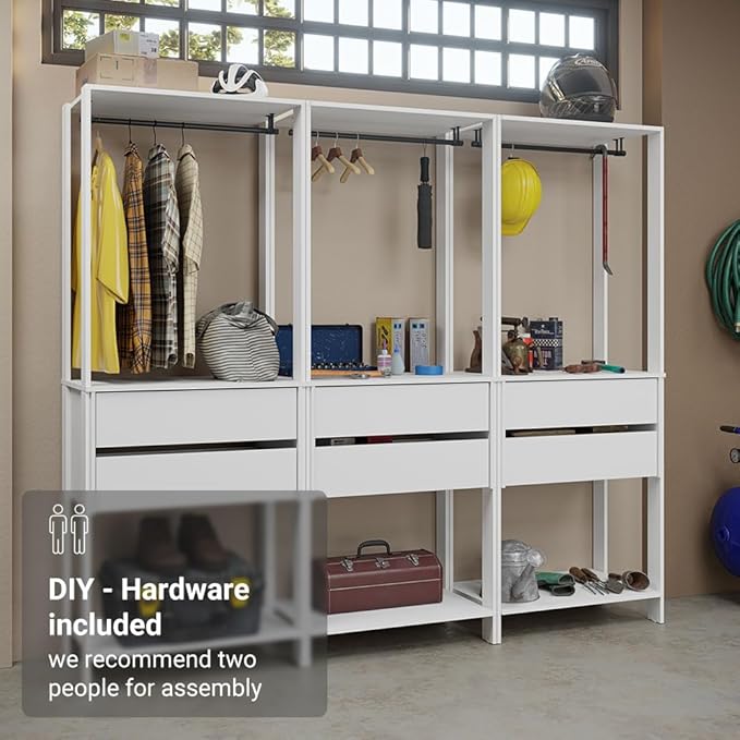 Madesa Garage Storage Rack with 6 Drawers and Hanging Spaces 82" L Multiuse Modular Organization Cabinet for Tools (WHITE)