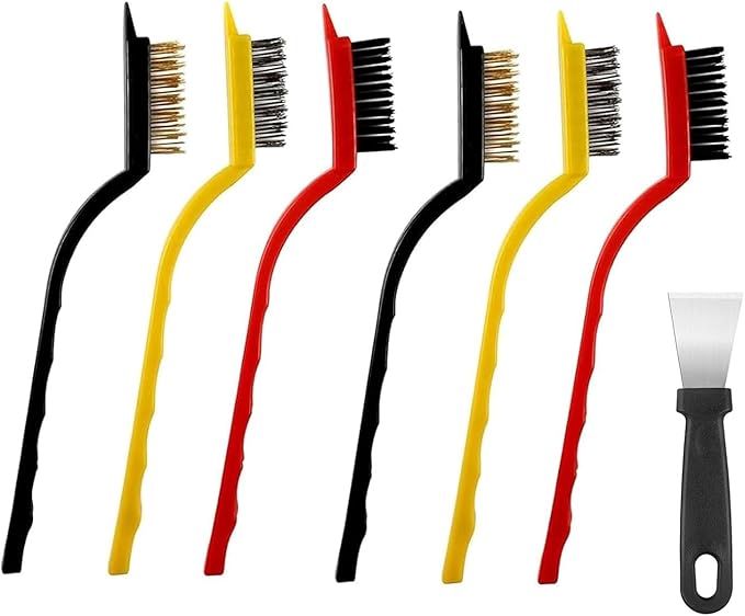 Crevice Cleaning Brush, Nylon, Brass, Small Metal Wire Brush with Curved Handle Grip for Rust, Dirt Paint Cleaning, Paint and Stain (Yellow, Red, Black, 7 Pack)