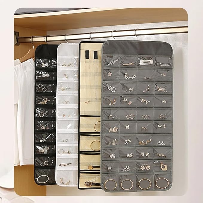 Hanging Jewelry Organizer Storage Earring Jewelry Storage Bag With 48 Pockets Necklace Bracelet Ring Glasses Accessory Display Rack (A48- Black)