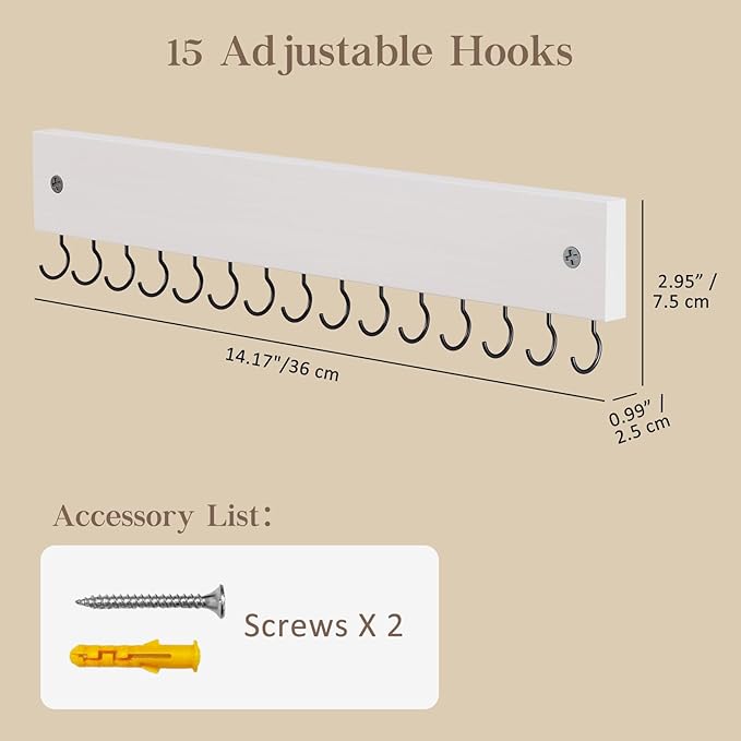 Lolalet Wooden Necklace Holder for Wall with 15 Hooks, Necklaces Hanger Easy Install Wall Mount Necklace Organizer, Jewelry Hangers for Chains, Bracelets, Earrings -White