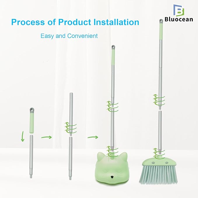 28'' Kids Mini Broom and Dustpan Set - Toddler Cleaning Toy, Toddler Household Helper, Parent-Child Interactive Play Cleaning Tool, Cute Cartoon Design, Small Safe Corner Broom (Green Sprout)