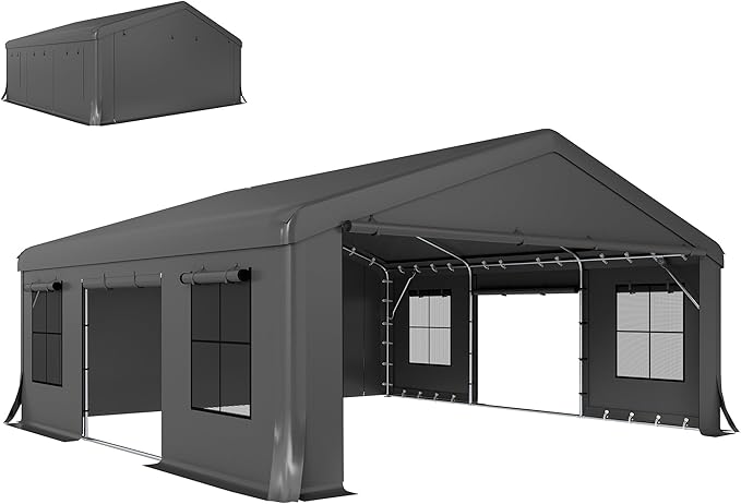 Outsunny 20' x 20' Heavy Duty Carport, Portable Garage Car Canopy Tent with Reinforced Galvanized Frame, 3 Roll-up Doors, 4 Mesh Windows for Cars, Trucks, Boats, Motorcycle, Bike, Dark Gray