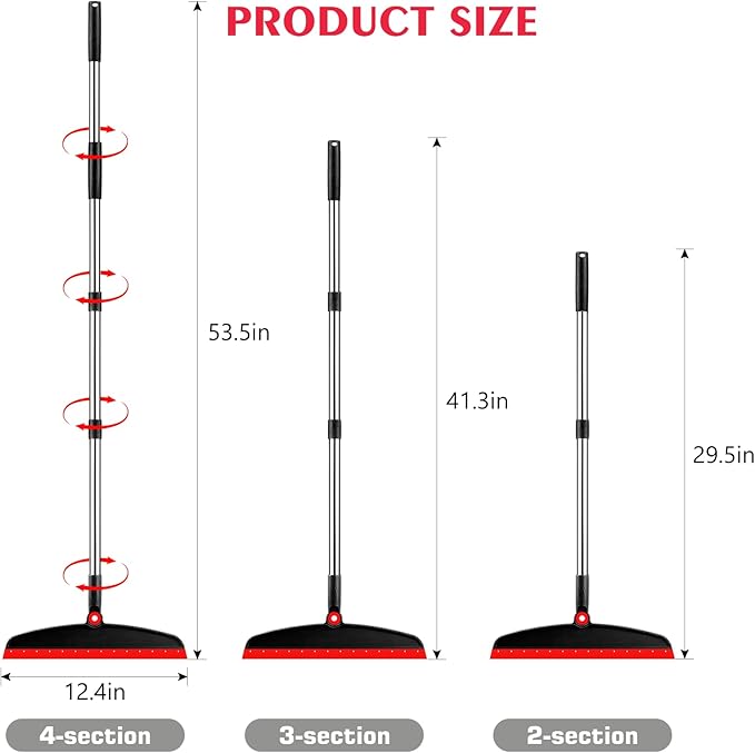 Multifunction Magic Broom, 54 Inch Adjustable Long Handle Silicone Floor Squeegee Broom, Sweep and Scrape 2 in 1 Household Cleaning Brooms for Floor, Bathrooms, Showers, Tile, Pet Hair, Black Red