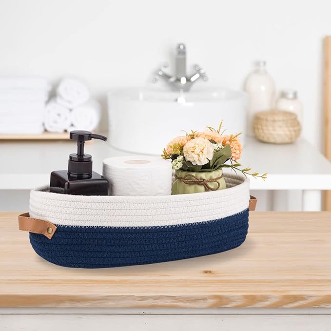Set of 2 Toilet Basket,Woven Storage Basket for Toilet Tank Top Farmhouse Home Decor Organizing Baskets 13"x5.9"x4" Navy Stitching White