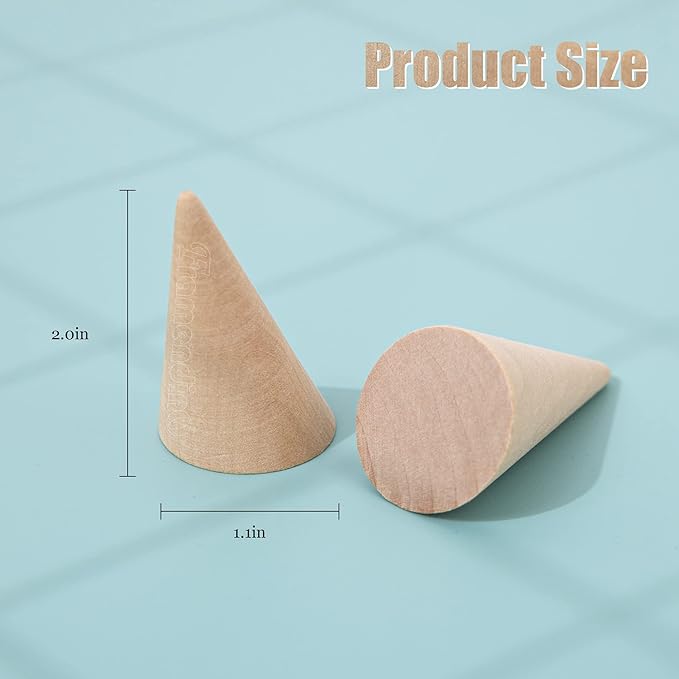Framendino, 10 Pack Natural Wood Cone Ring Holder Finger Jewelry Display Stand Organizer for DIY Craft (Tilted Shaped)
