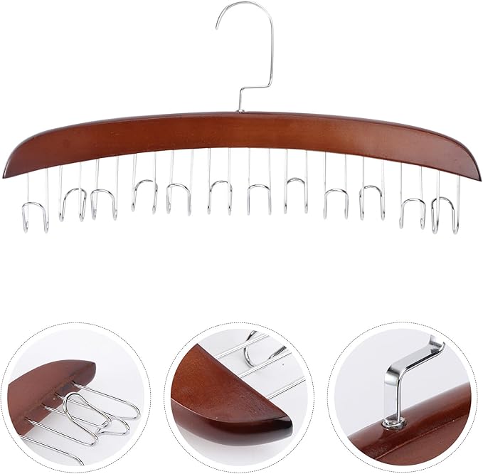 NUOBESTY Rotating Wooden Tie Rack with 12 Hooks Belt Organizer Closet Accessory Storage Holder for Men and Women Classic Brown