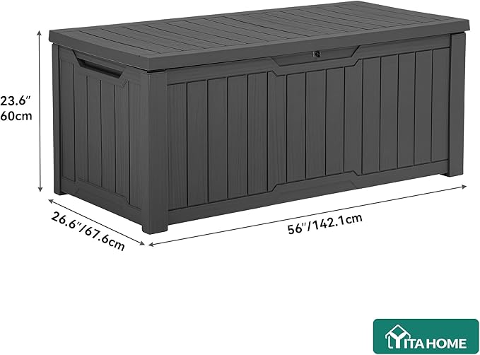 YITAHOME Outdoor Storage Box, 120 Gallon Waterproof Deck Box for Garden Tools, Patio Cushions, and Pool Accessories, Lockable, Easy Assembly, Versatile Bench or Table (Dark Gray)
