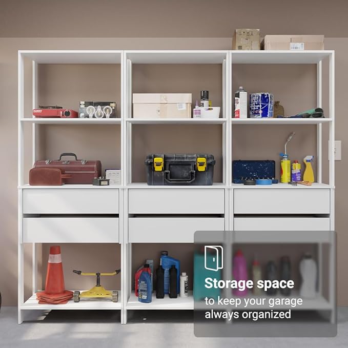 Madesa Garage Storage Rack with 6 Drawers and Open Shelves 82" L Multiuse Modular Organization Cabinet for Tools (WHITE)