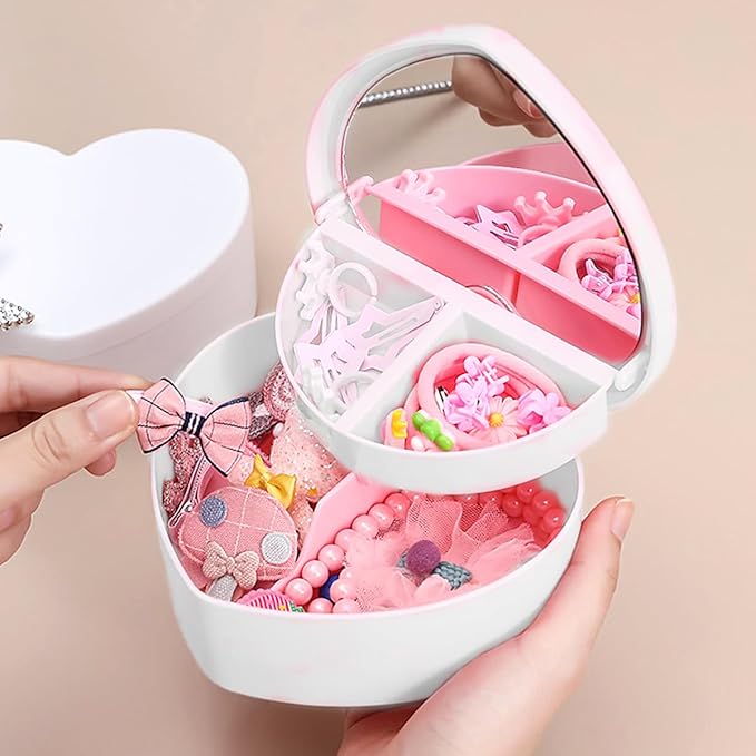 Heart Shaped Jewellery Box, Jewellery Organiser with Cosmetic Mirror, Jewellery Display Box for Girls＆Women (White)