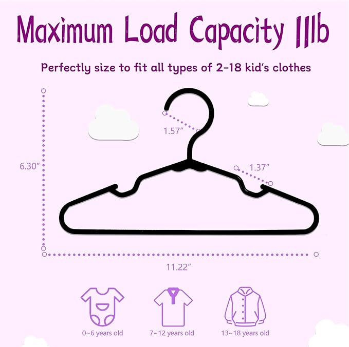 Baby Hangers for Closet 100 Pack Black Plastic Kids Children's Clothes Hangers Non-Slip (Black, 100)