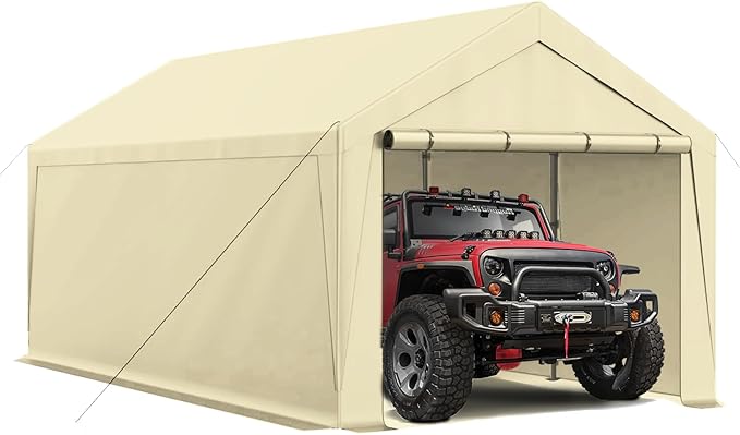 10x20 Carport, Heavy Duty Carports with Removable Sidewalls, Waterproof and UV-Resistant, Portable Outdoor Garage Shelter for Cars, Vehicles, and Boats (Beige)