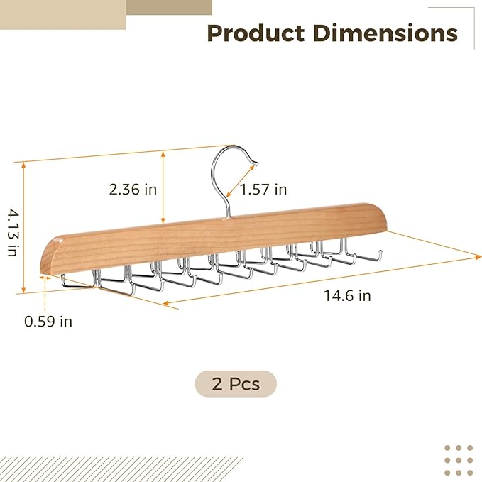Tie Holders for Closet 2 Pcs, Tie Rack Hanger Hooks, Natural Wood Finish, 20 Rotating Hooks Each, Multi-Functional Storage for Ties Belts Scarves