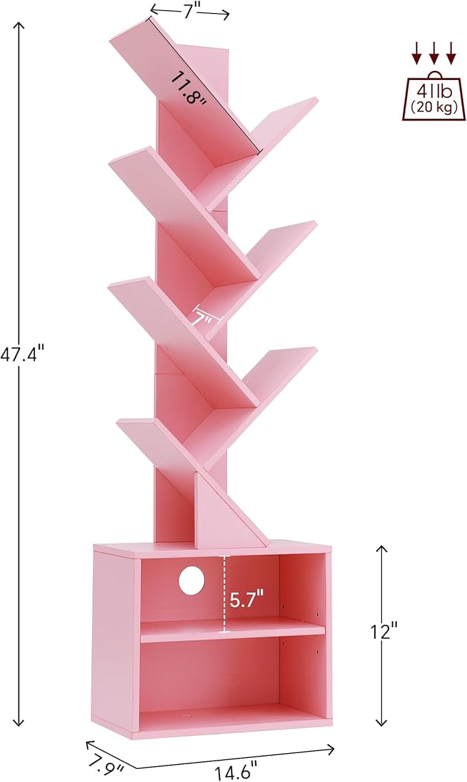 SUNMORY 6 Tier Tree Bookshelf, Small Bookcase with Storage Cabinet, Modern Tall Narrow Bookshelves Organizer, Floor Standing Book Shelf for Bedroom/Living Room/Home Office/Corner, Pink