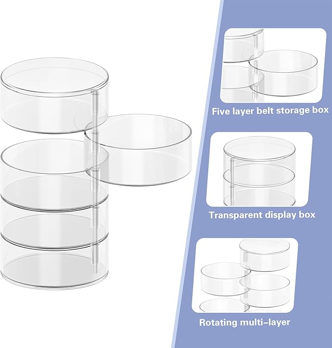 Belt Organizer, 5 Layers Acrylic Belt Storage Holder, Rotatable Belt Display Case, Clear Storage Box for Belt, Jewelry, Watch, Bracelets and Other Accessories