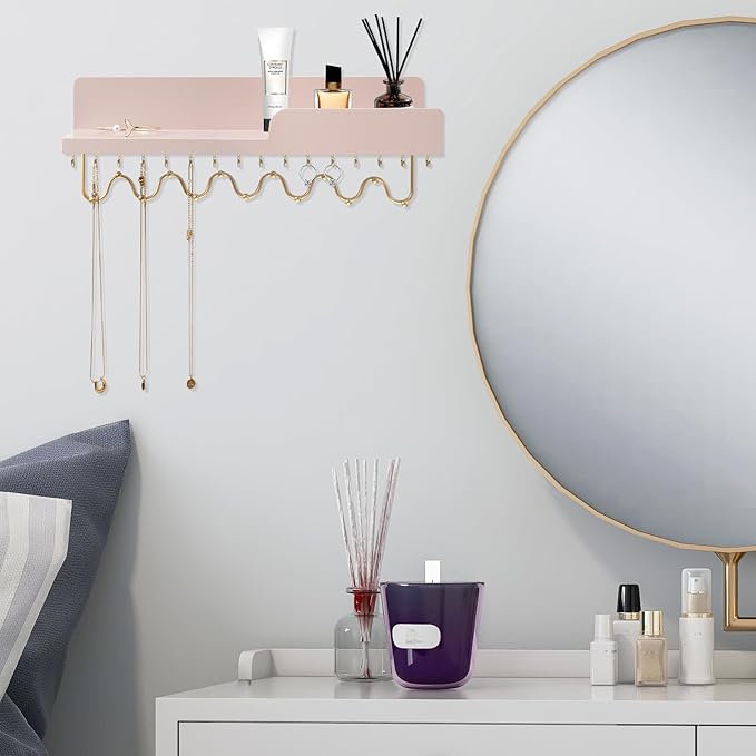 29 Hooks Wall Mount Necklace Holder Organizer, Pink Decorative Wood Jewelry Shelf with Gold Metal Wave Bar and Guardrail for Necklace, Pendant, Chain, Bracelet