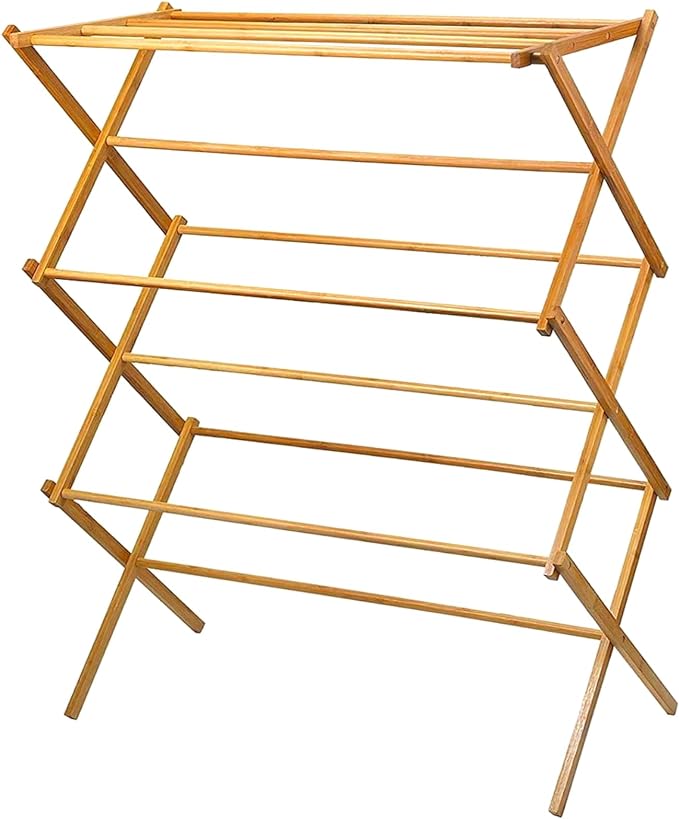 HOME IT Wooden Clothes Drying Rack for Laundry - Collapsible Folding Bamboo Laundry Drying Rack for Drying Clothes - Heavy Duty Pre Assembled