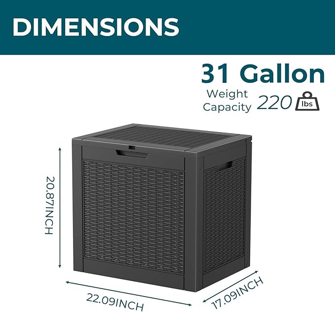 31 Gallon Waterproof Resin Deck Box, UV Resistant Outdoor Storage for Garden, Patio, Porch, Delivery（Rattan Black，31 Gallon）